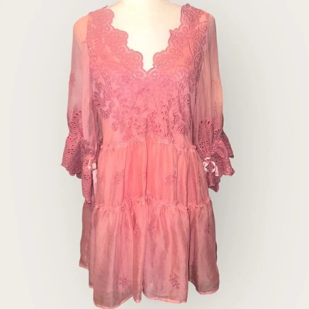 Free People Chrysanthemum Mini Sheer Embroidered Dress w Slip Dress Sz XS